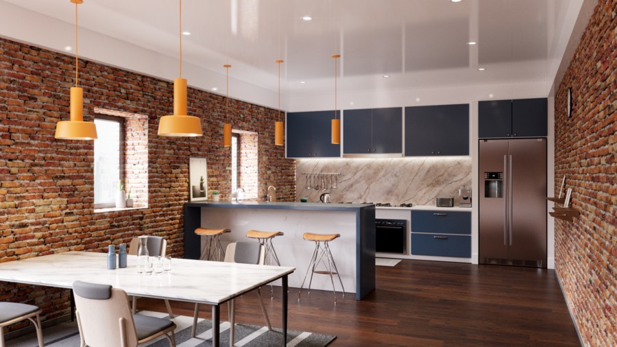  kitchen with orange DMF Lighting pendants hanging from ceiling and blue cabinetry