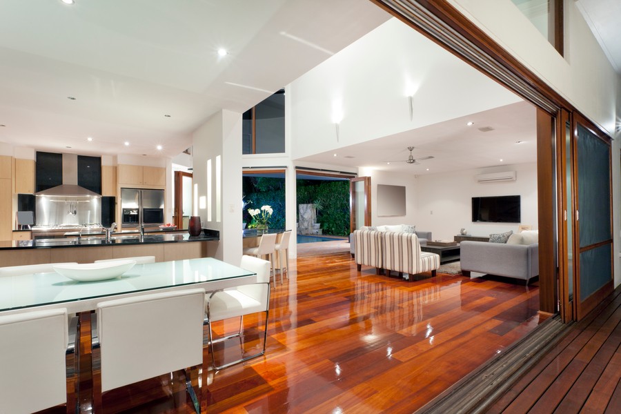 An open-concept living space showcasing a kitchen and living room.